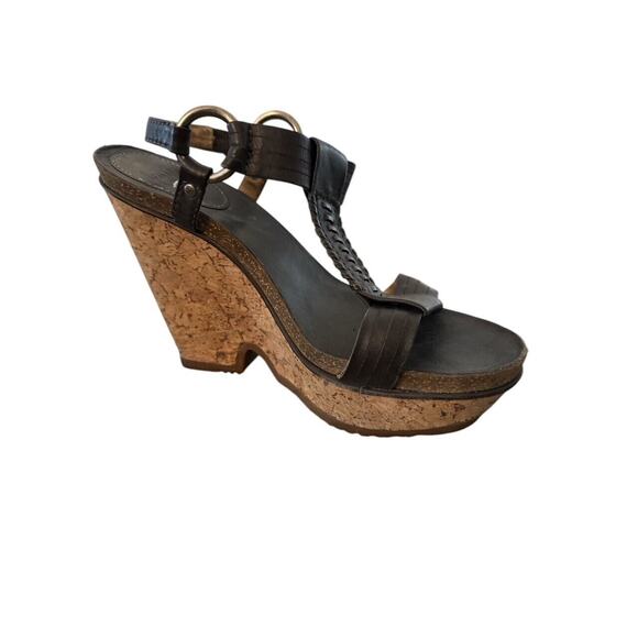 Frye Brown Leather Braylin Artisanal T Strap Cork Wedge Sandals SZ 8.5 - Picture 1 of 3